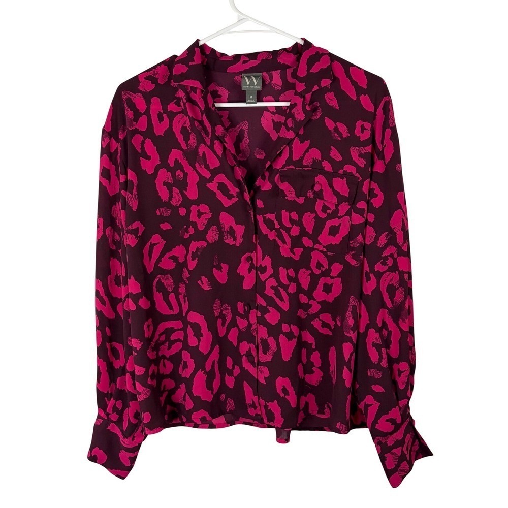 Worthington Magenta Leopard Print Button‎ Down Blouse Purple Animal Print Medium